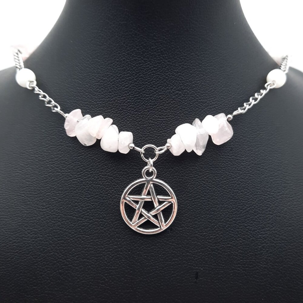 Pentacle Pentagram Wiccan Witch Rose Quartz Gemstone Necklace Handmade Jewelry